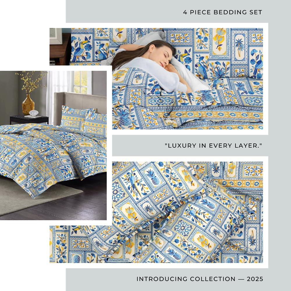 Cotton King Size Double Bedsheet 1 AC Comforter & 2 Pillow Covers | 90 X 100 Inches, Beige & Blue - Perfect Gift Set Wedding, Anniversary