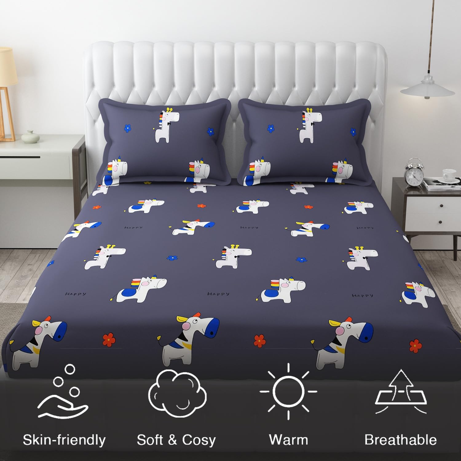 Wrinkle Free Soft Kids Double Bedsheets For King Size With 2 Pillow Cover | 90 X 95 Inches, Grey | Cartoon Printed Design | Child Bedroom Decor