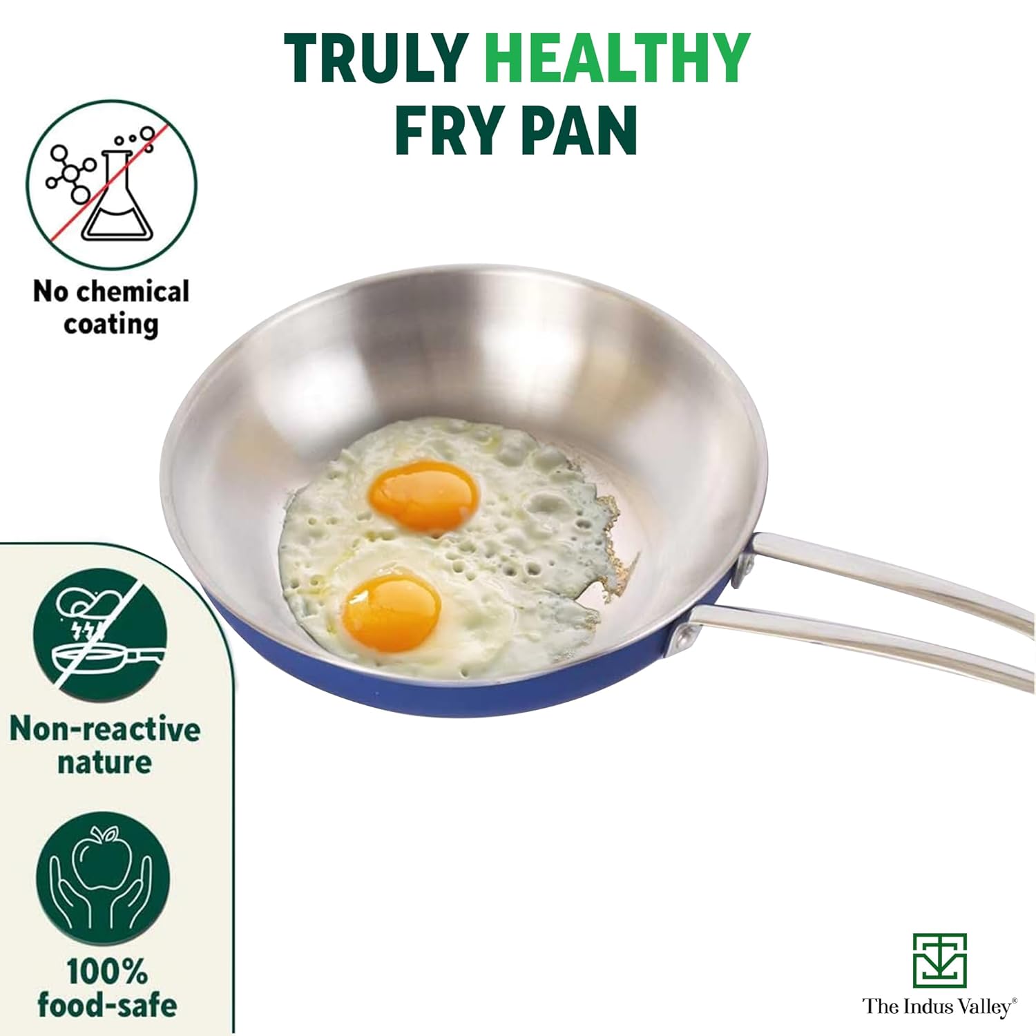 Coloured Stainless Steel Fry Pan - Blue, Small 22.7cm, 8.9 Inch, 1.5 Ltr, 0.7 Kg | Induction Friendly, 100% Toxin-Free, Naturally Nonstick, No Chemical Coating