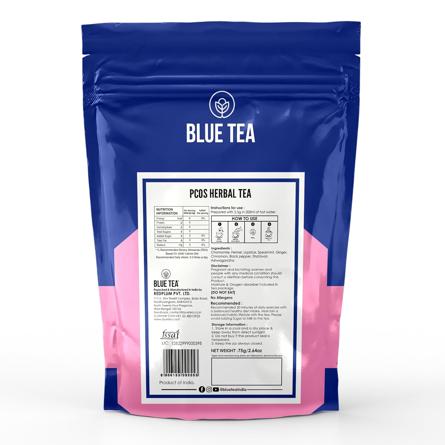 Blue Tea Caffeine Free PCOS Herbal Tea - 30 Pyramid Tea Bags In Zip Lock Pack | Pain Relief, Helps Menstrual Support, Cycle Regulation - Gluten Free, Non-GMO, Zero Sugar, 100% Vegan