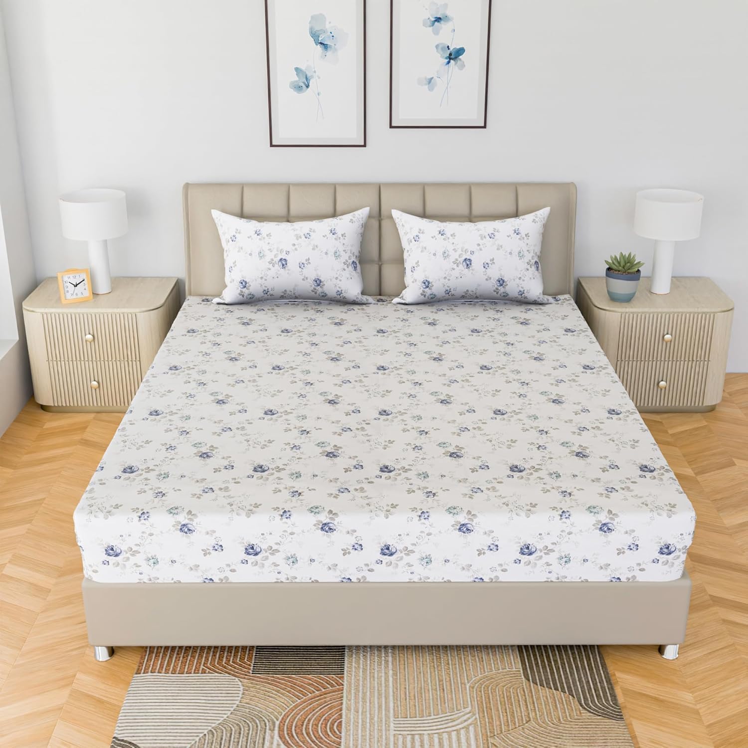 Bedsheet For King Bed Size Bedding With Pillow Cover For Bedroom - 108 X 108 Inches, Blue & White | Ideal For Hotel, House, Guest House