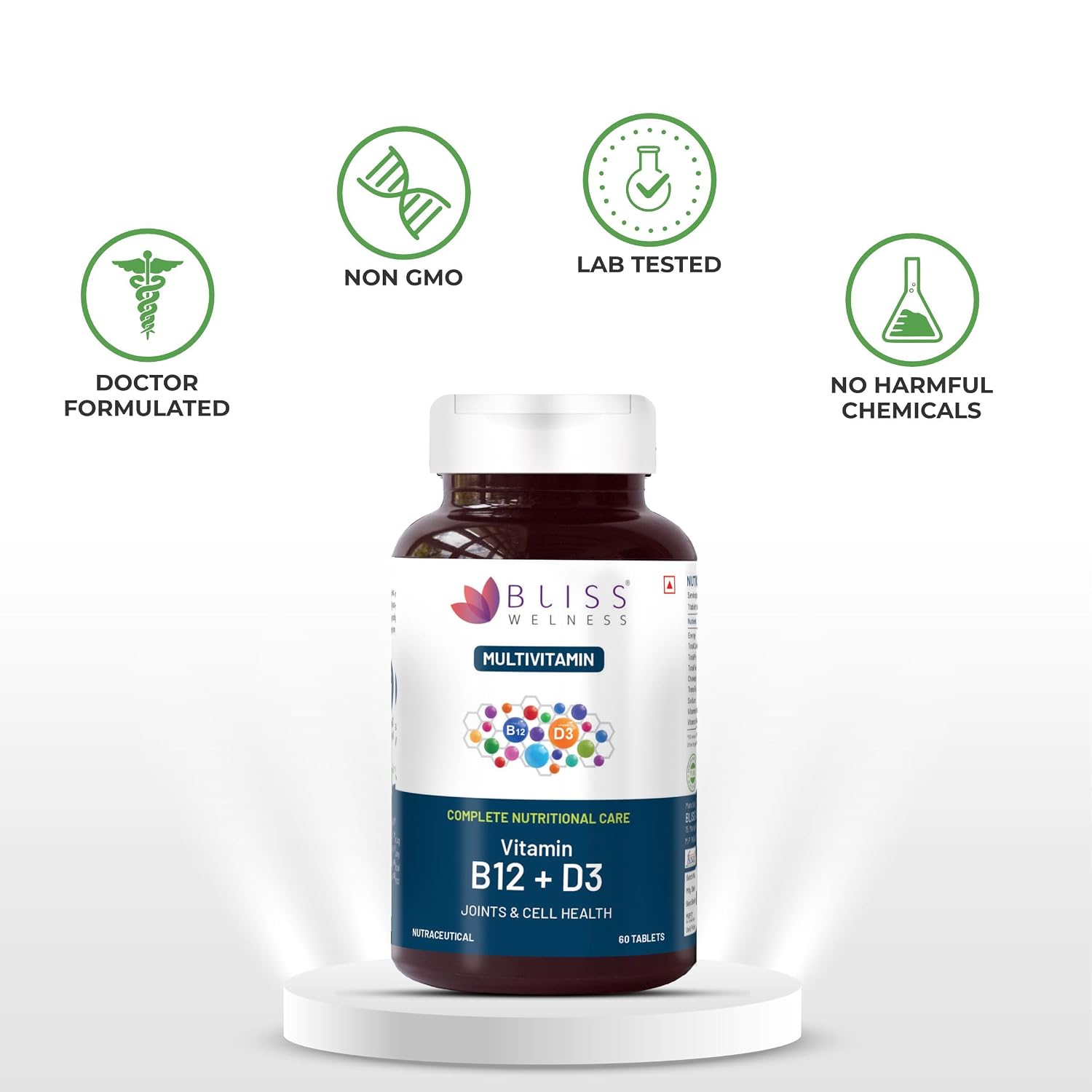 Bliss Welness Vitabliss B12+ D3 Multivitamin , Bone Health Support , Heart Health Support | 60 Tablets , 100gm 0.2 Lbs