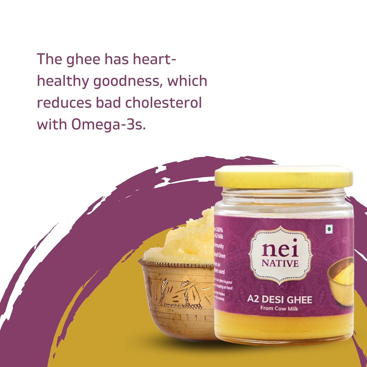 Pure Premium A2 Desi Ghee By Nei Native | Pure Bilona Method Homemade Cow Desi Ghee Good For Glowing Skin | (150ml) 5.0 Ounce | Jar Pack