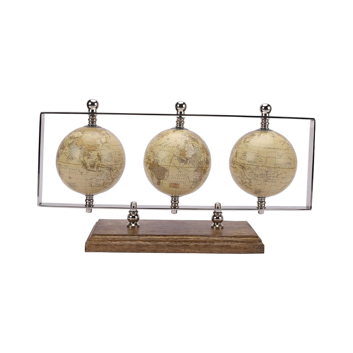 Triple Horizontal Globe Set Decorative Globes With Stand, Accessories For Table, Desk For Office, Shelves, Gifting, Home Decor (Silver/Mango Wood) Pack Of 1