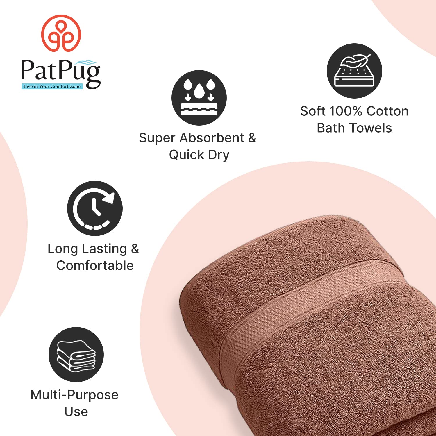 PatPug 100% Indian Ultra Soft Cotton 450 Gsm Bath Towel Large Bath Towel | Highly Absorbent Quick Drying Durable Towel For Men, Women & Kids (Coffee Brown)
