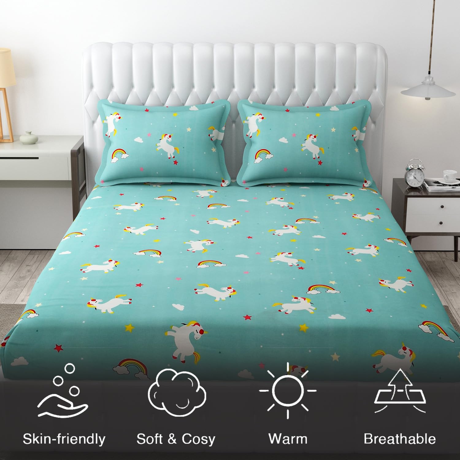 Wrinkle Free Soft Kids Double Bedsheets For King Size With 2 Pillow Cover | 90 X 95 Inches, Sky Blue | Cartoon Printed Design | Child Bedroom Decor