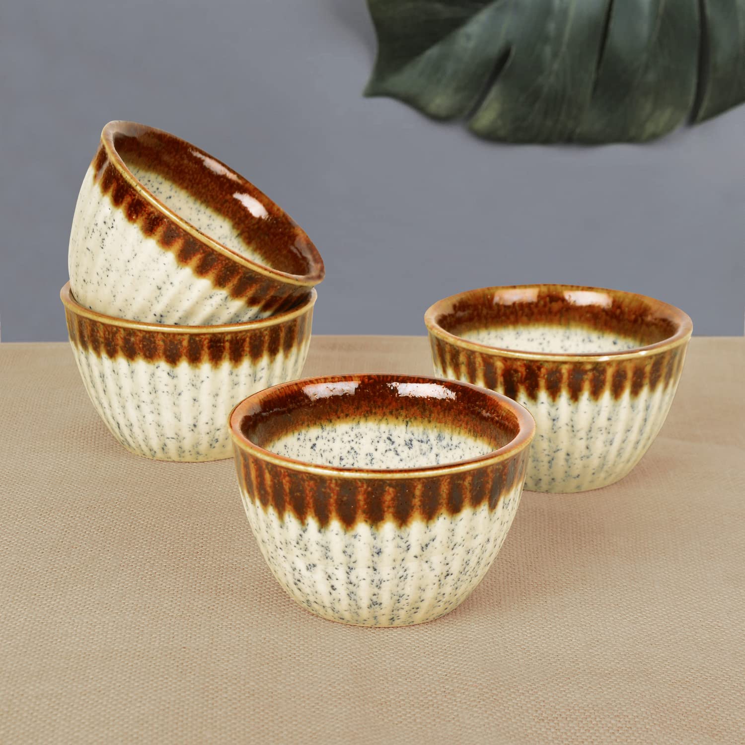 Studio Pottery Ribbed Ceramic Dining Bowls Set Of 4 - 350ml Each, Off White & Brown | Vegetable & Dessert Serving Bowls - Ceramic Katoris