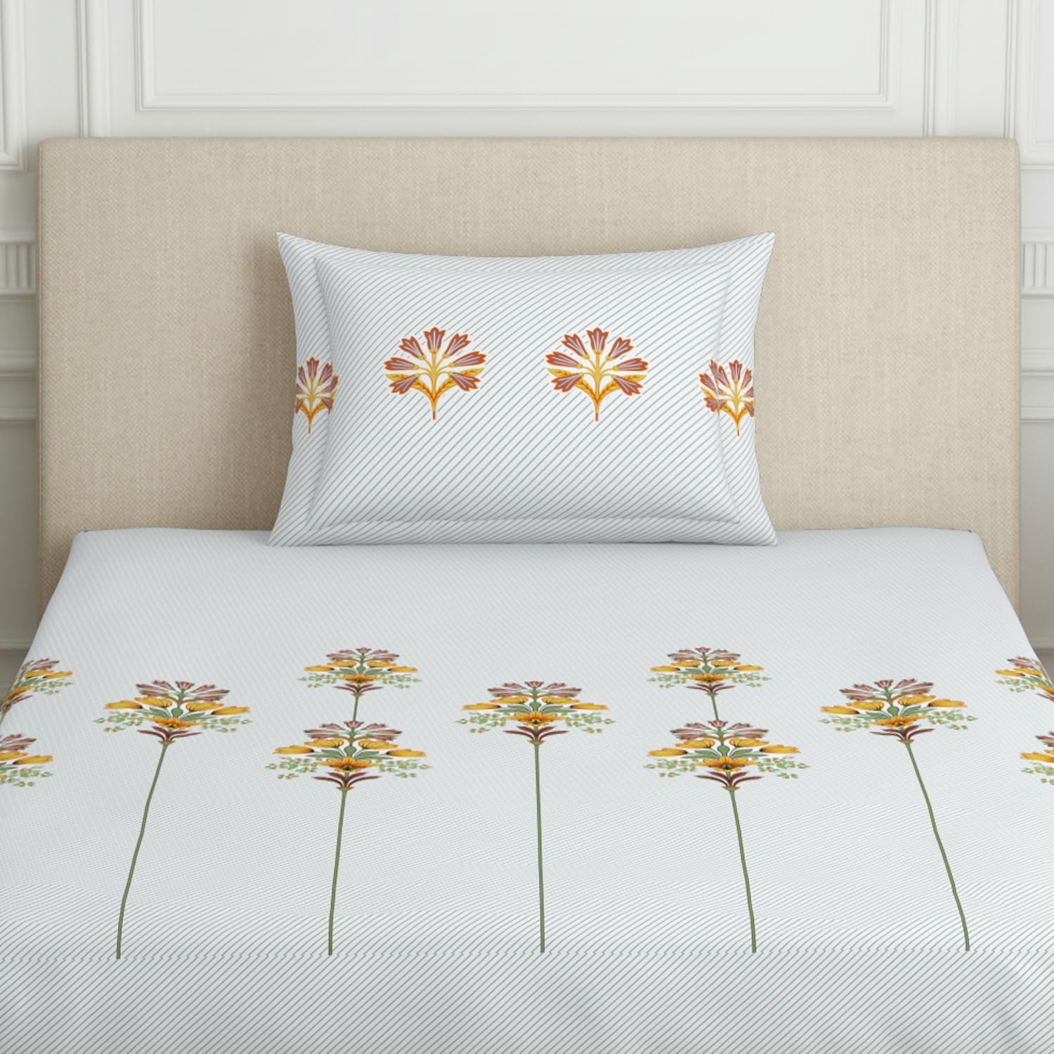 Single Bedsheet With 2 Pillow Covers (Size 60 X 88 Inches) Multicolor | 144 Thread Count Lightweight, Soft, Skin Friendly - Everyday Use Cotton Bedsheet