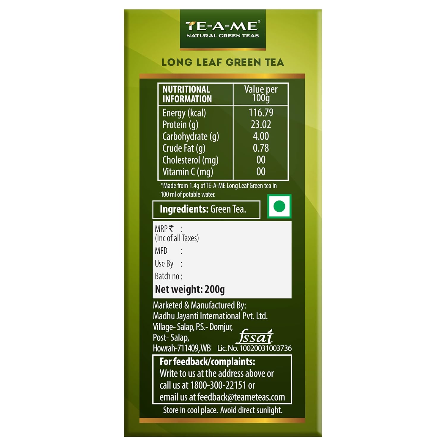 TE-A-ME Purity Long Leaf Green Tea - Pack Of 3 X 200gm, 7.05 Ounce Each, 420 Cups | Increase Metabolic Rate, 100% Natural Ingredients - No Artificial Oils, Aroma Or Flavor