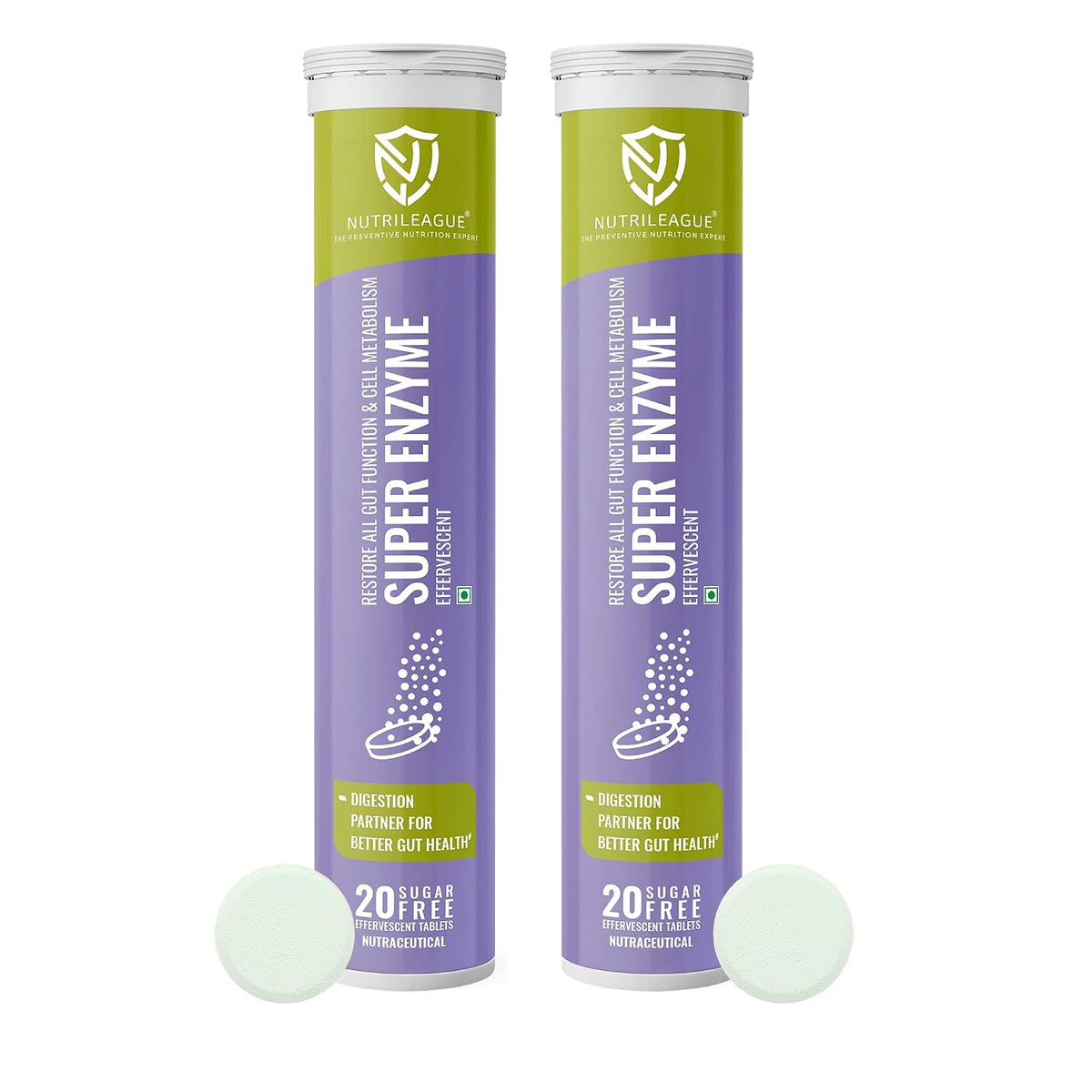 Nutrileague Super Enzyme Quick Relief Indigestion,100% Natural, Alpha Galactosidase, Lipase, Protease, Lactase Better Metabolism & Gut Health | 20 Effervescent Tablet, 100gm 0.2lbs Each Pack Of 2