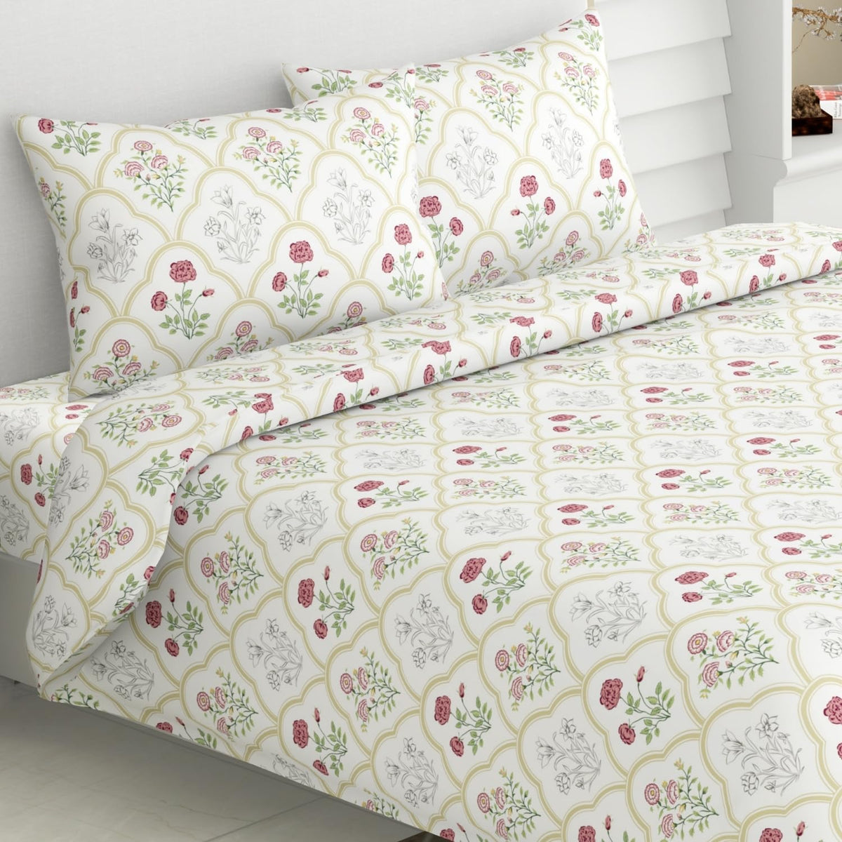 King Size Bedsheet With 2 Pillow Covers - 108 X 108 Inches, White & Green | Breathable Softness & Durability | Shrink?Resistant & Fade?Resistant