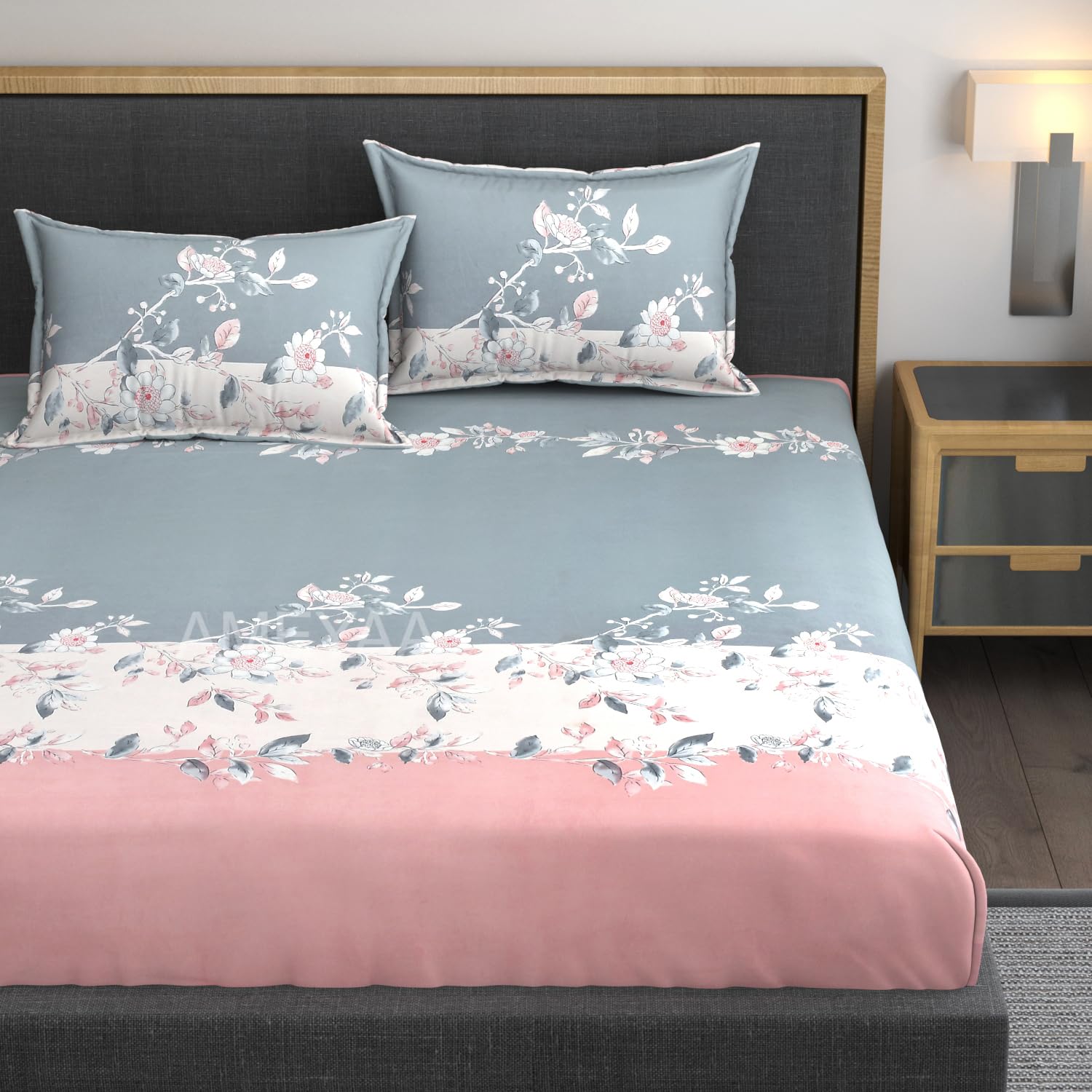 Feel Glace Cotton Bedsheets All Around Elastic Floral Fitted Bedsheets King Size With 2 Pillow Covers - 78 X 72 Inches, Grey & Pink | Premium Super Soft Fitted Bedsheet King Size For Double Bed