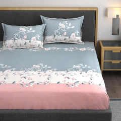 Feel Glace Cotton Bedsheets All Around Elastic Floral Fitted Bedsheets King Size With 2 Pillow Covers - 78 X 72 Inches, Grey & Pink | Premium Super Soft Fitted Bedsheet King Size For Double Bed
