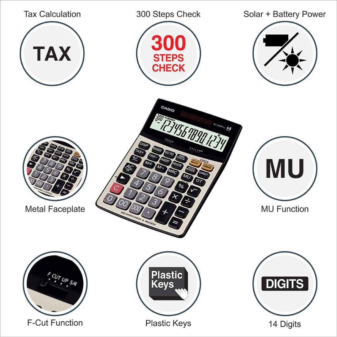 Casio Dj-240d Plus 300 Steps Check And Correct Premium Desktop Calculator With Metallic Faceplate & Bigger Screen/keys (14 Digit)
