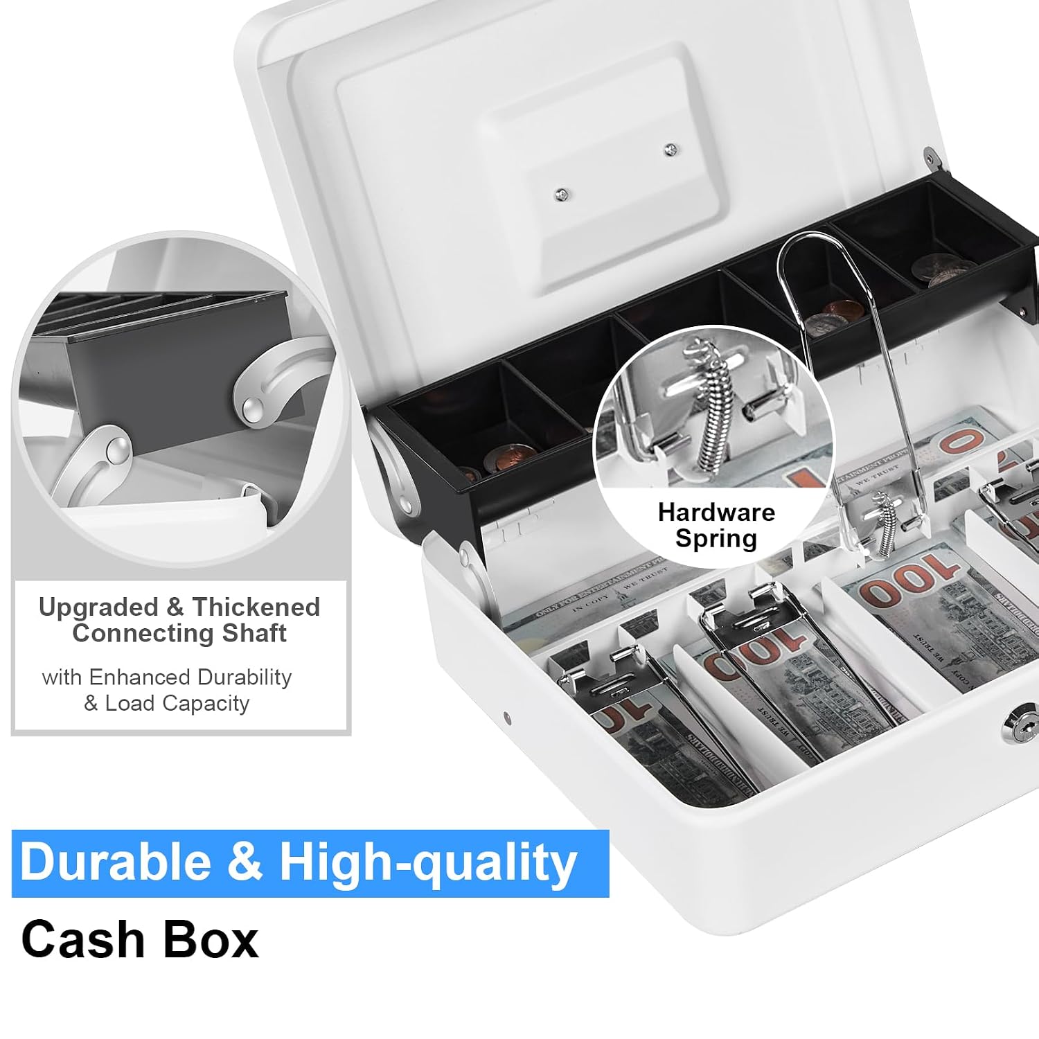 Cash Box With Lock & 2 Keys, Metal Money Box With Cash Tray, Portable Lock Safe Box, 4 Bill, 5 Coin Slots, Large Cash Boxes With Money Tray For Small Business 11.8 X 9.5 X 3.5 Inch, Colour - White