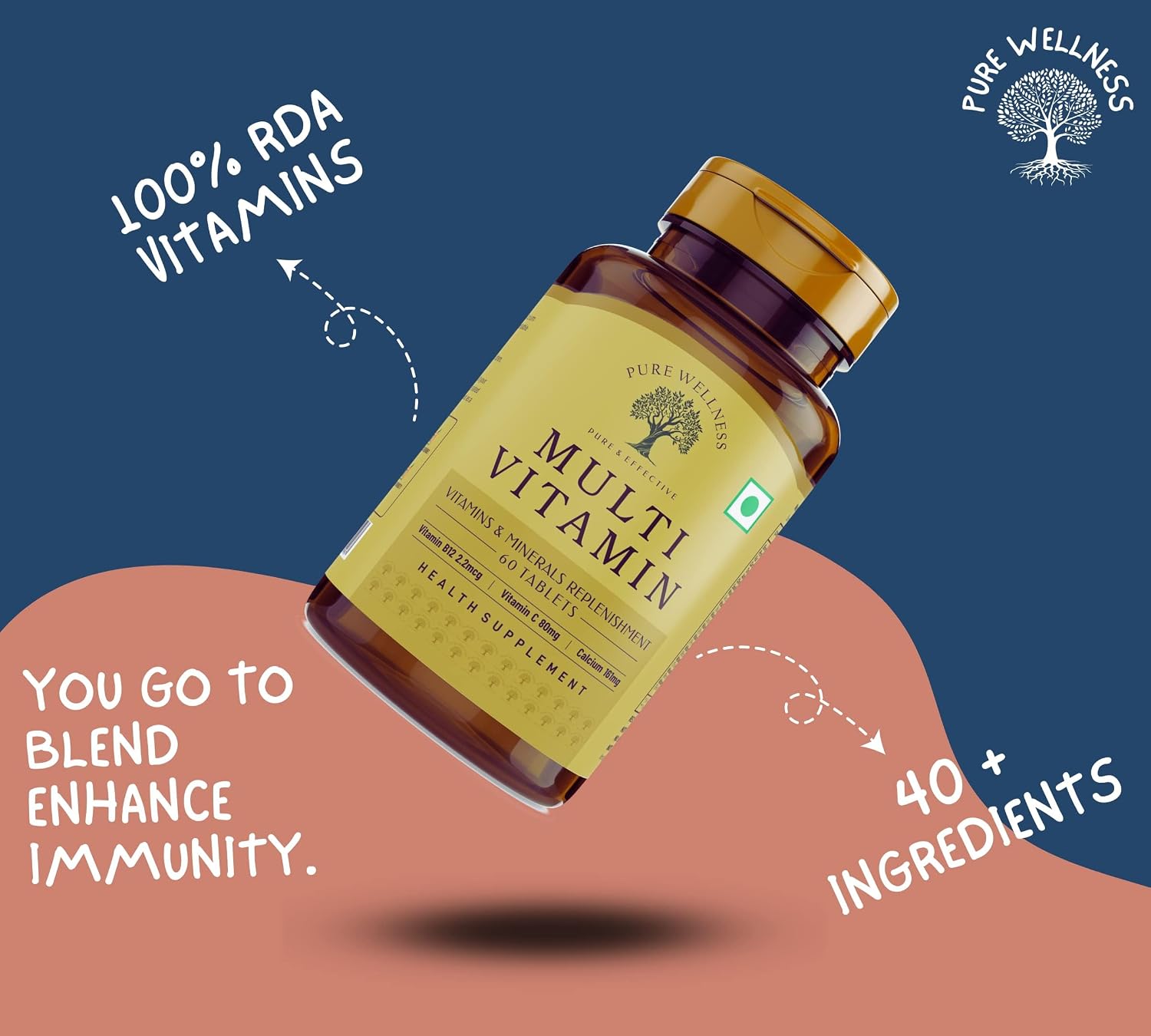 Pure Wellness Multivitamin Tablet For Men & Women, 40+ Ingredients With Potassium Vitamin C, D3 Enhanced Energy & Strength Immunity Booster & Joint Support | 60 Tablets , 100gm 0.2 Lbs