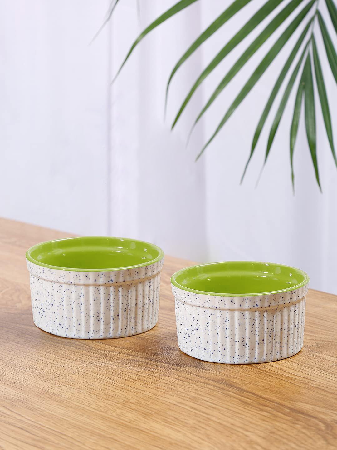 Studio Pottery Ceramic Dessert Dip Bowls Set Of 2 - 150ml Each, White & Green | Chutney Bowls - Ketchup Bowls