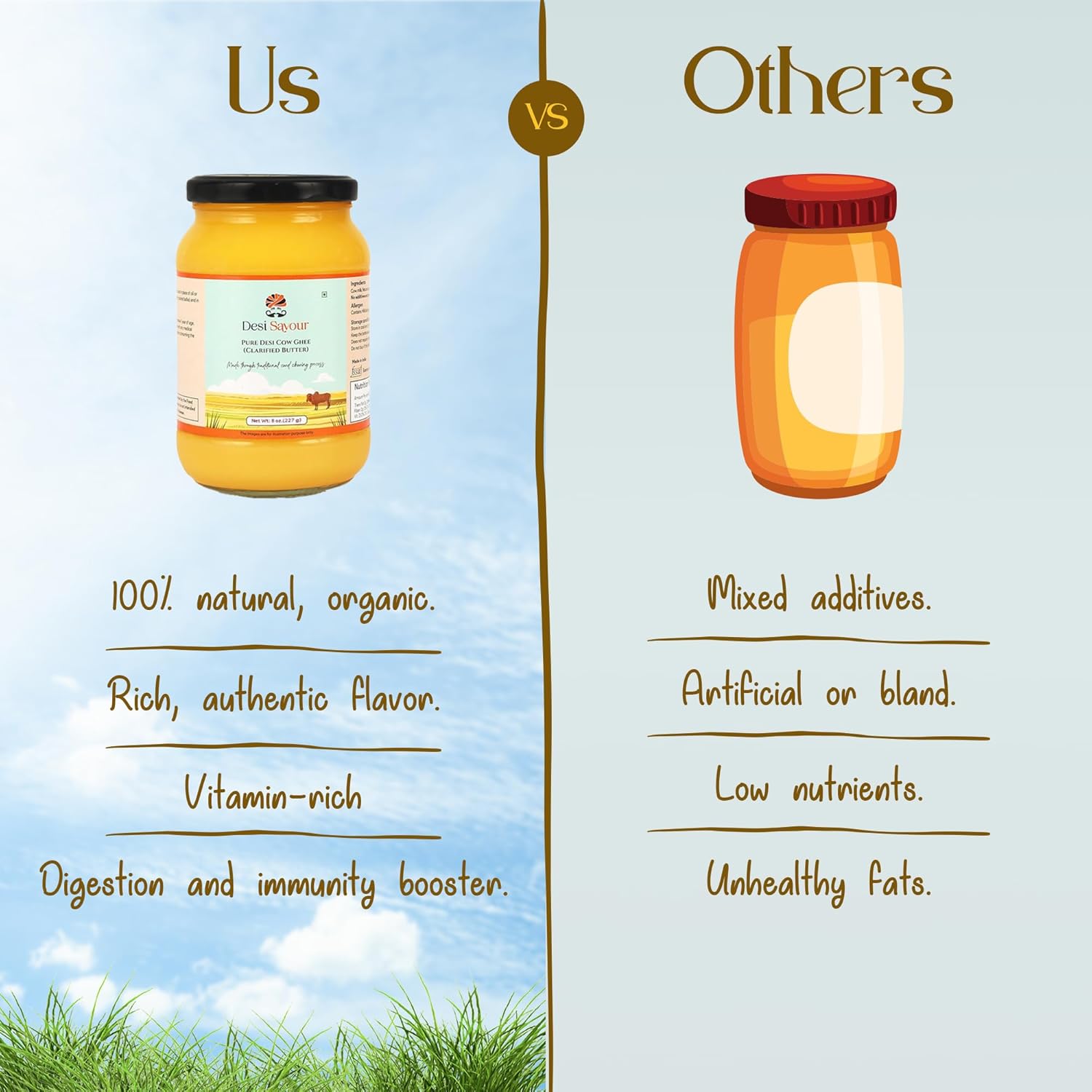 100% Pure Desi A2 Gir Cow Ghee By Desi Savour | Traditional Vedic Bilona Method Hand Churned Healthy Pure Desi Ghee For Pulao & Sabji | (1 Litre) 33.8 Ounce | Jar Pack