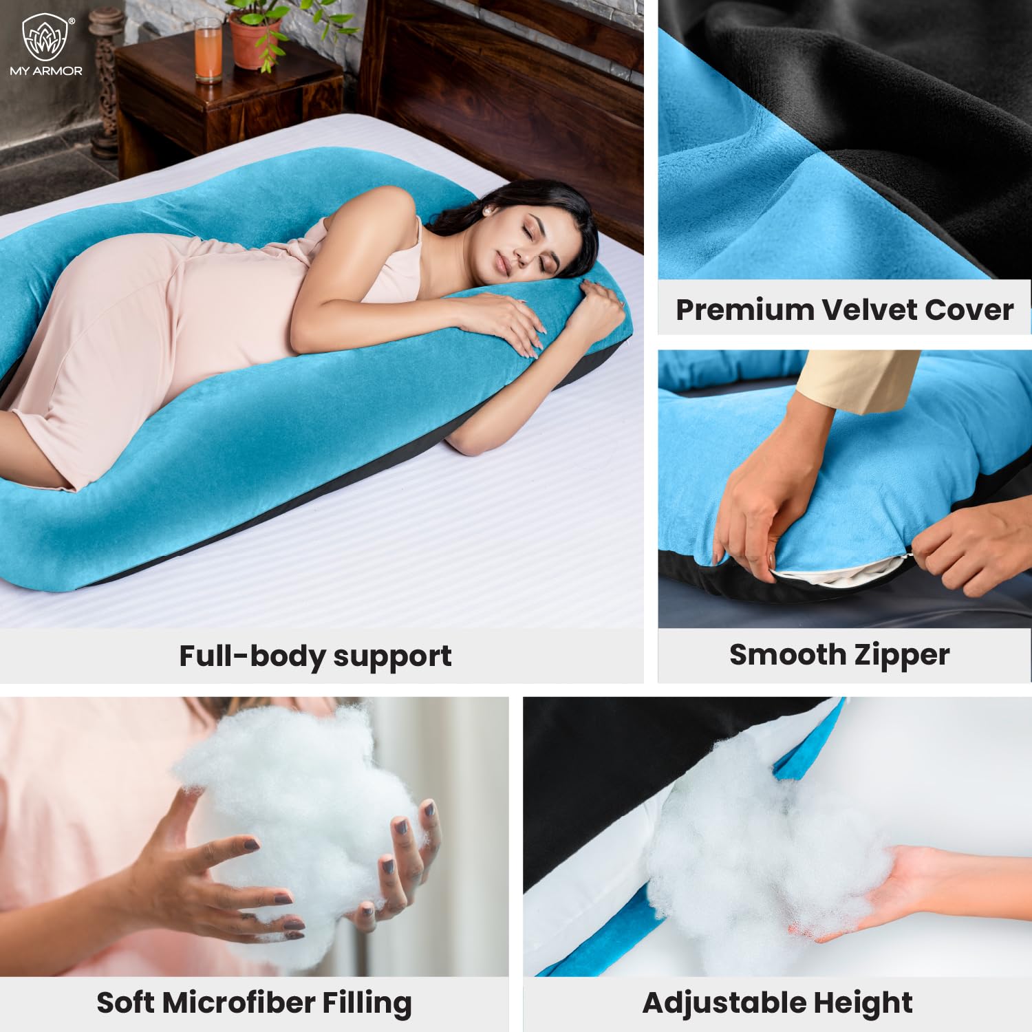 Full Body U Shape Pregnancy Pillow For Women, Maternity Pillow, Black & Sky Blue | Pillow Gift For Pregnancy Sleeping, Premium Velvet Cover With Zip | Adjustable & Washable, Relieves Pain