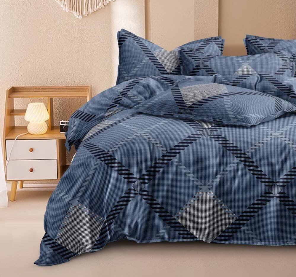 Printed Double Bedsheet For Super King Size With 2 Matching Pillow Covers - 108 X 108 Inches, Dark Blue | 300 Thread Count Skin Friendly & Luxuriously Smooth To Touch Bedsheet