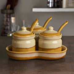 Studio Pottery Dual Tone Ceramic Pickle Serving Jar Set With Spoon & Tray Set Of 3 - Beige & Sand Yellow | Condiment Set - Pickle Jar Set For Dining Table | Masala Container