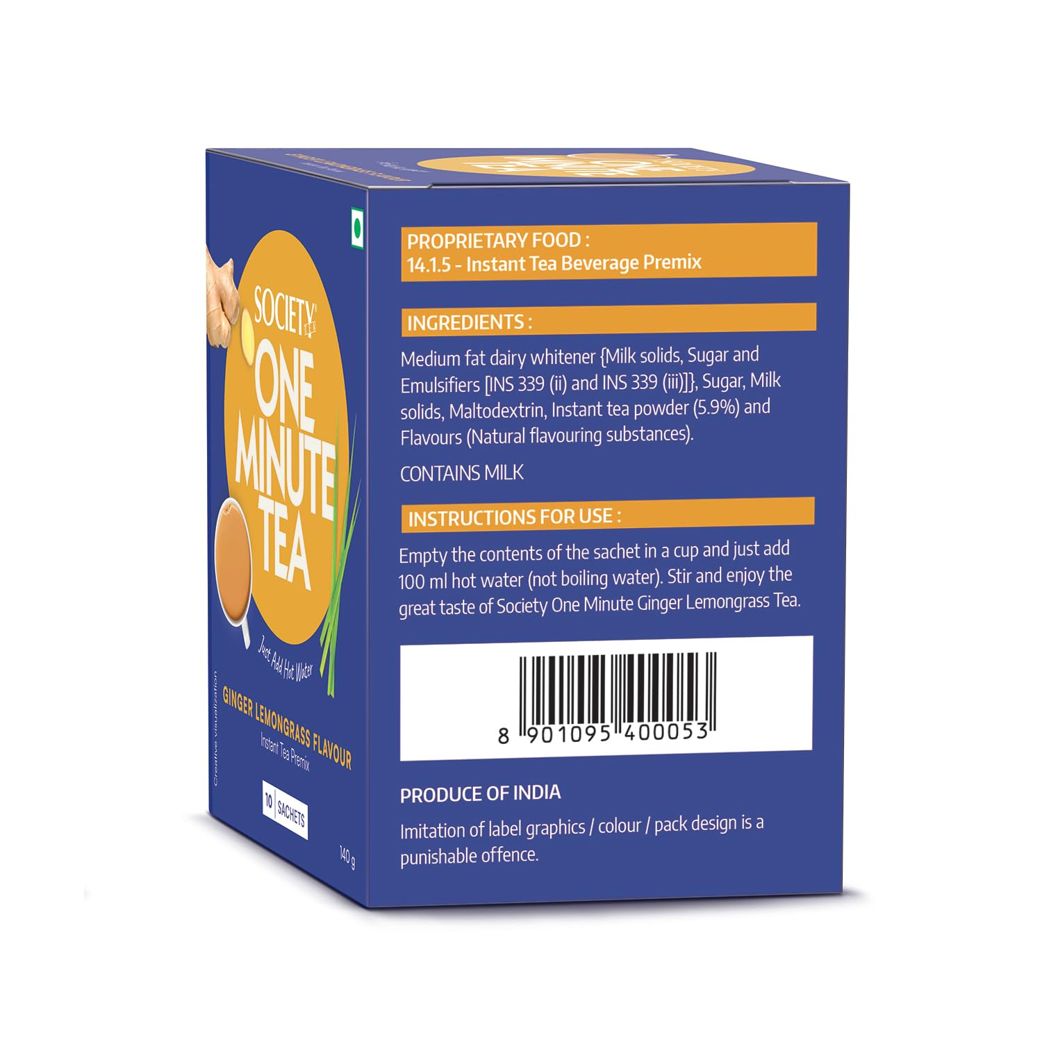 Society Ginger Lemongrass Flavour Instant Tea Premix - 10 Sachets, 140gm, 4.9 Ounce | One Minute Tea Just Add Hot Water - Low Caffeine, Rich In Taste