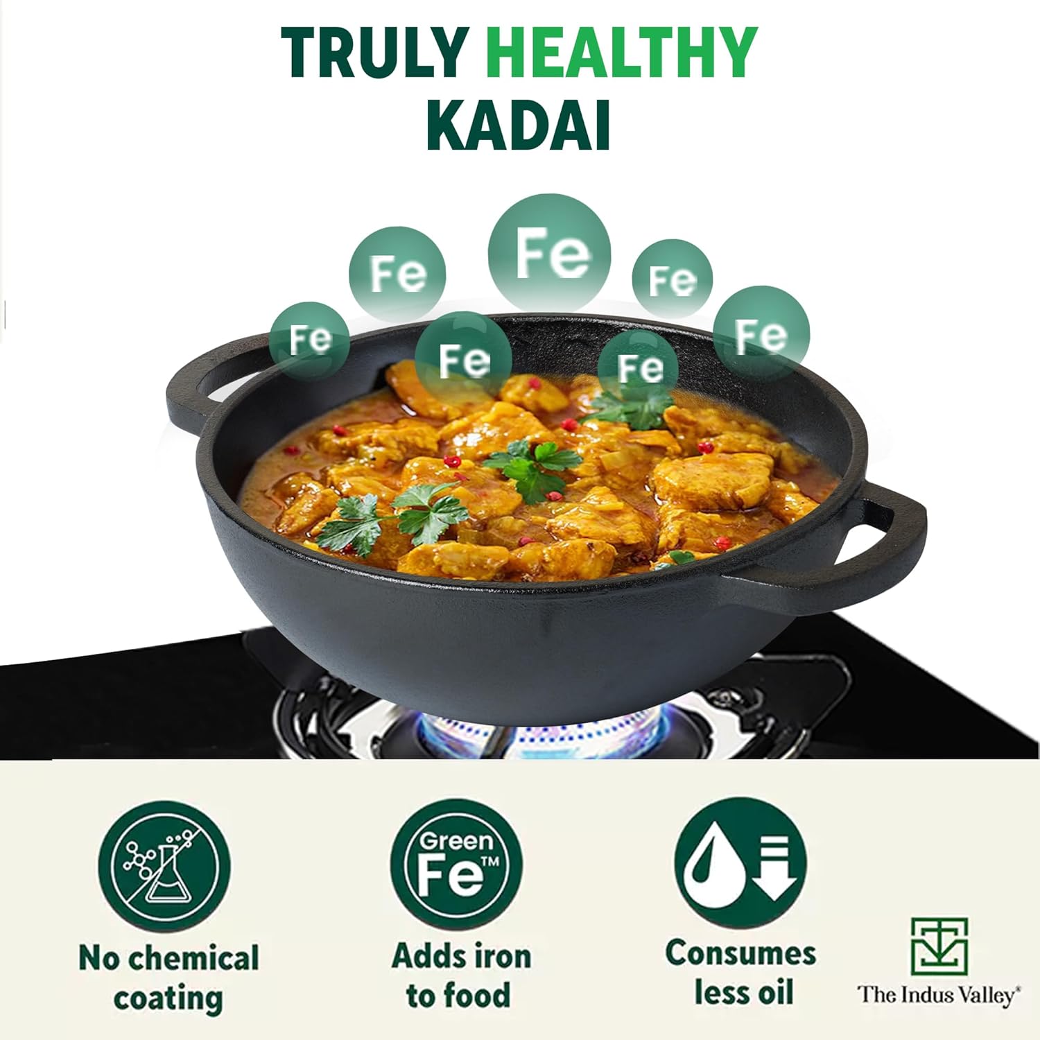 Pre-Seasoned Cast Iron Kadai With Flat Handles & Free Wooden Spatula - Medium, 25.4 Cm, 10 Inch, 2.3 Liters, 2.5 Kg | Naturally Nonstick Kadhai, 100% Pure & Toxin-Free, No Chemical Coating