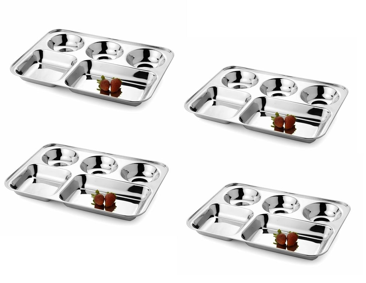 Silver Stainless Steel Sandwich Tray Set, 5 Pieces, Microwave Safe | Set Of 5 Individual Trays In 1 - Pack Of 4, Rectangular Shape