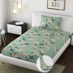 Premium Cotton Elastic Fitted 1 Single Bedsheets With 1 Large Pillow Covers | Size 36 X 78 Inches, Pista Green - Wrinkle Free & Soft Touch Summer Bedsheet