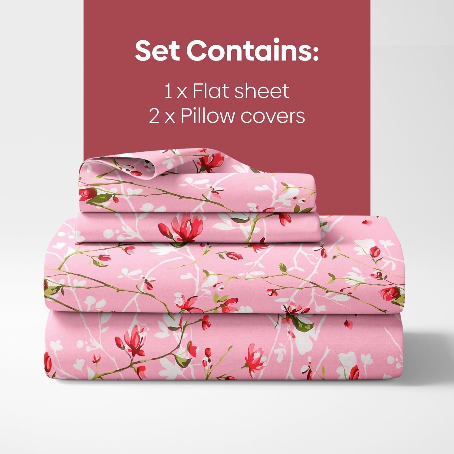 Flat Bedsheet Queen Size Bed With 2 Pillow Covers - 100 X 90 Inches, Pink & Green | Soft, Breathable & Durable | Skin-Friendly & Durable