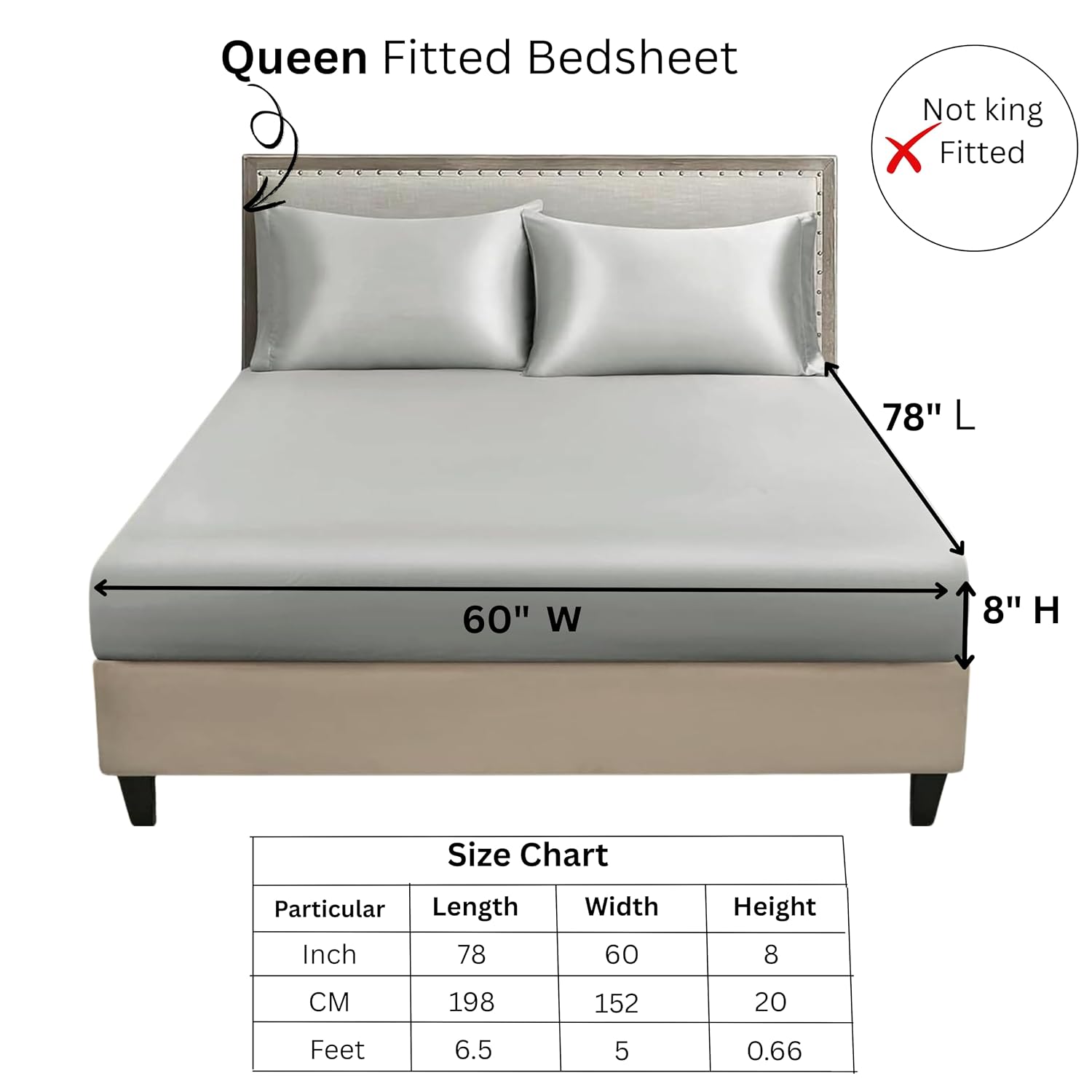 Elastic Fitted Bedsheet Queen Size With 2 Pillow Cover - 60 X 78 X 10 Inches, Silver | Lightweight & Breathable, Perfect For All Seasons