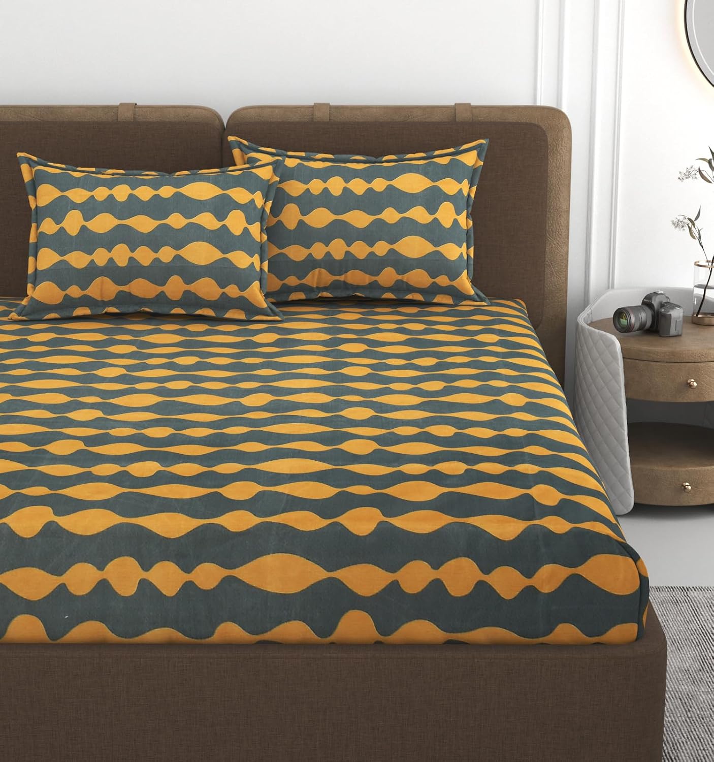 1 Double Bedsheet With 2 Pillow Covers Size 60 X 78 X 8 Inches, Grey & Yellow | Cotton Feel All Around Elastic Fitted - Queen Size Bedsheets, Super Soft 320 TC