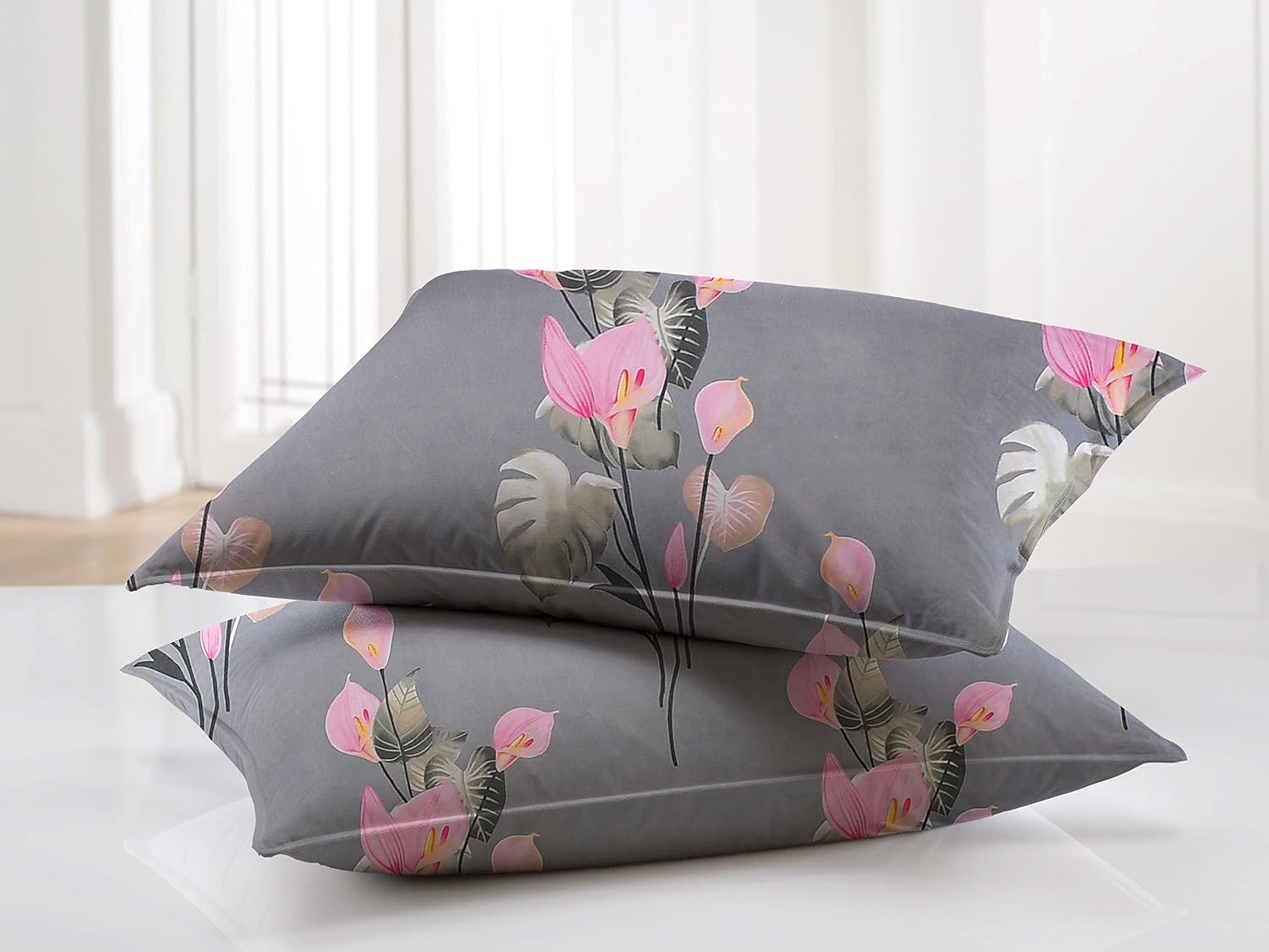 Printed Double Bedsheets With 2 Pillow Covers - 90 X 90 Inches, Grey & Pink | Super Soft Premium Brushed Glace Cotton Bedsheet