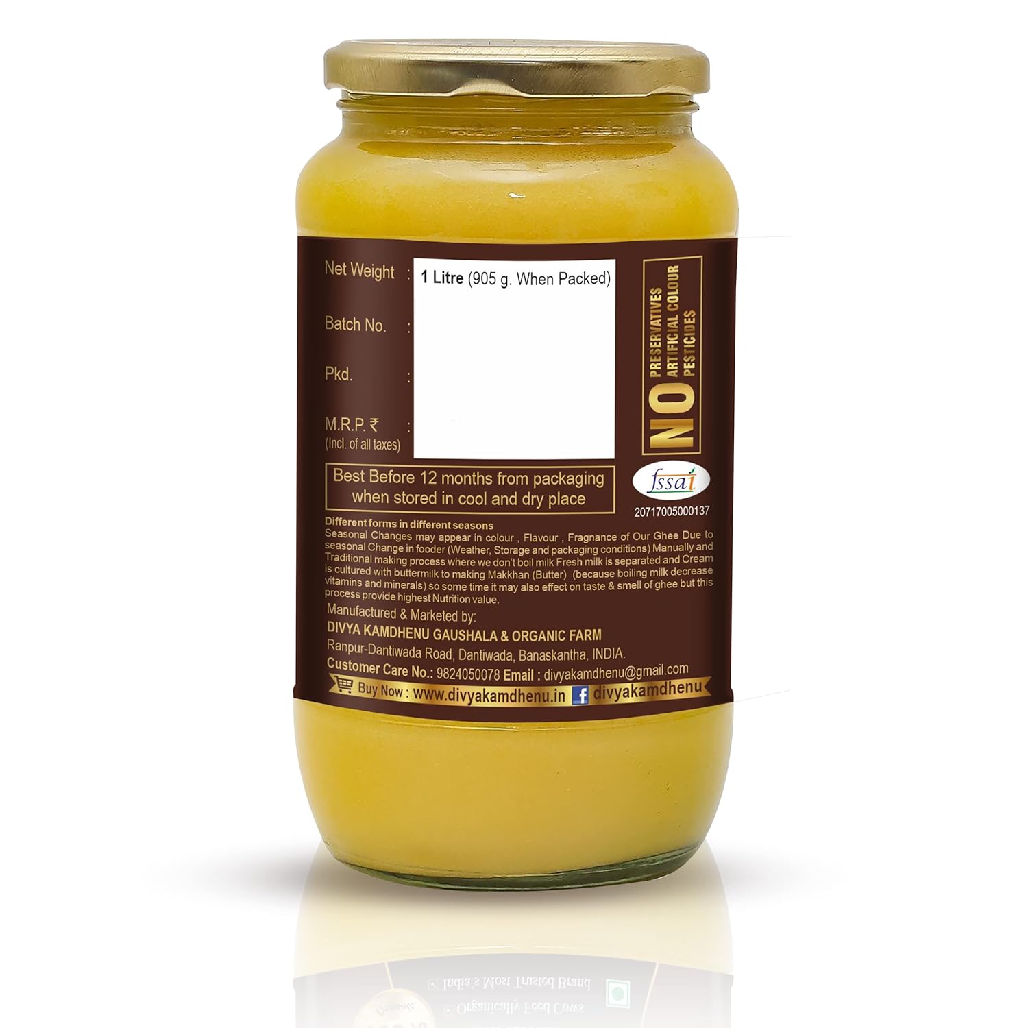 Organic (Cream Bilona) A2 Gir Cow Ghee By Divya Kamdhenu | Healthy & Delicious Nutrients Lab Certified Desi Ghee Good For Muscles | (1 Litr) 33.8 Ounce | Jar Pack