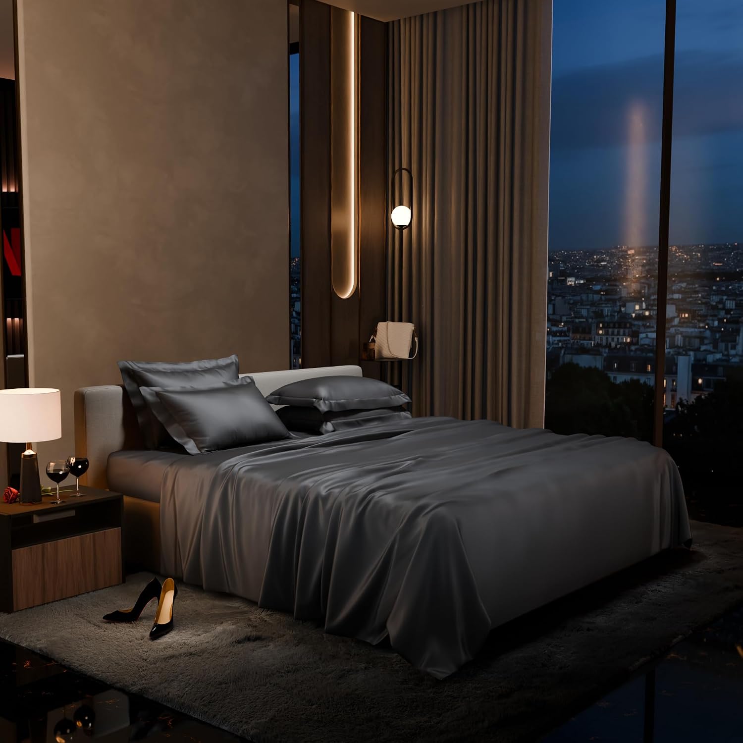 1 Flat Bedsheet King Size With 4 Pillow Cover - 108 X 108 Inches, Dark Grey | Wedding, Bedroom, Date Night Collection | 300 Thread Count