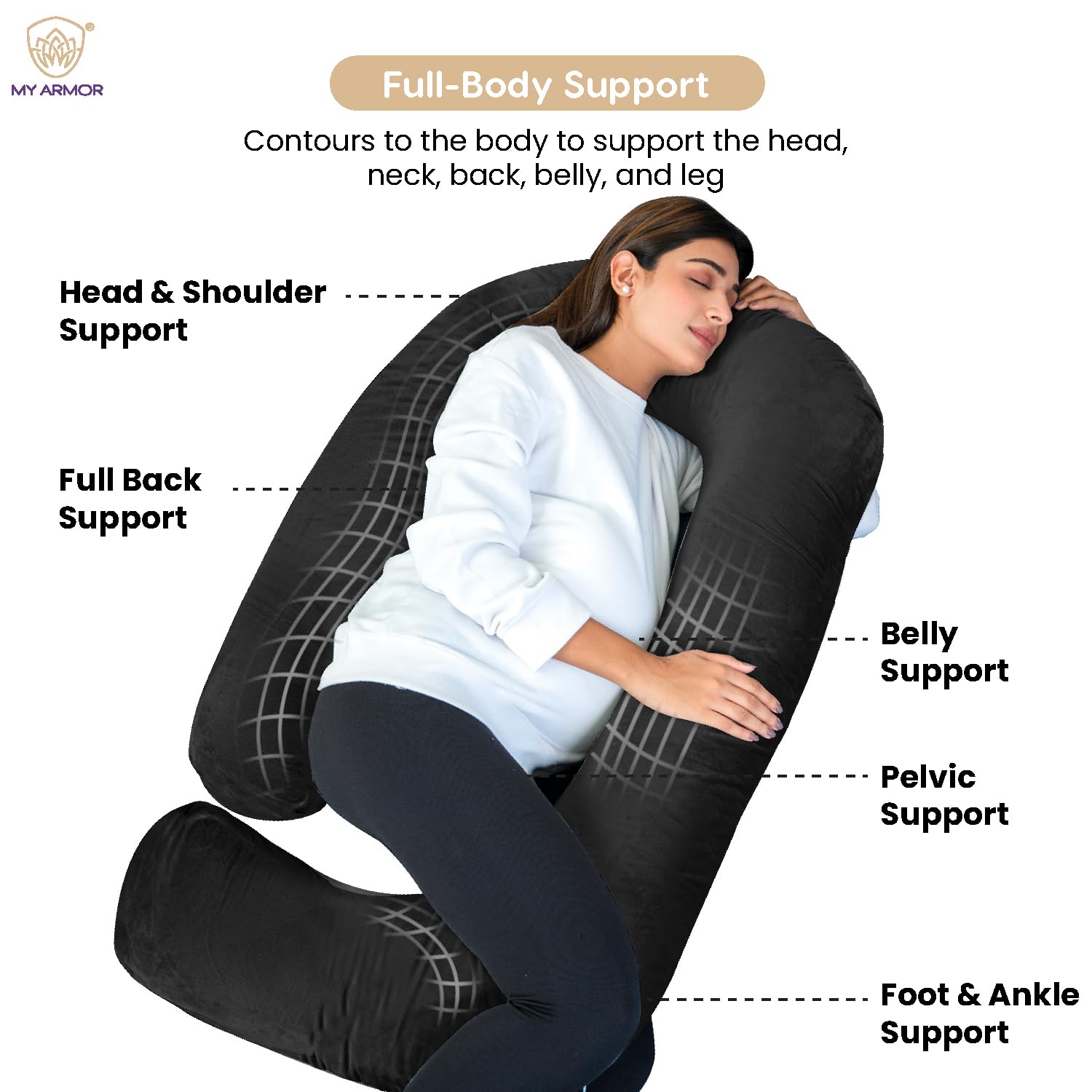 Full Body J Shape Pregnancy Pillow For Women, Maternity Pillow, Black | Pillow Gift For Pregnancy Sleeping, Premium Velvet Cover With Zip | Adjustable & Washable, Multipurpose Pillow