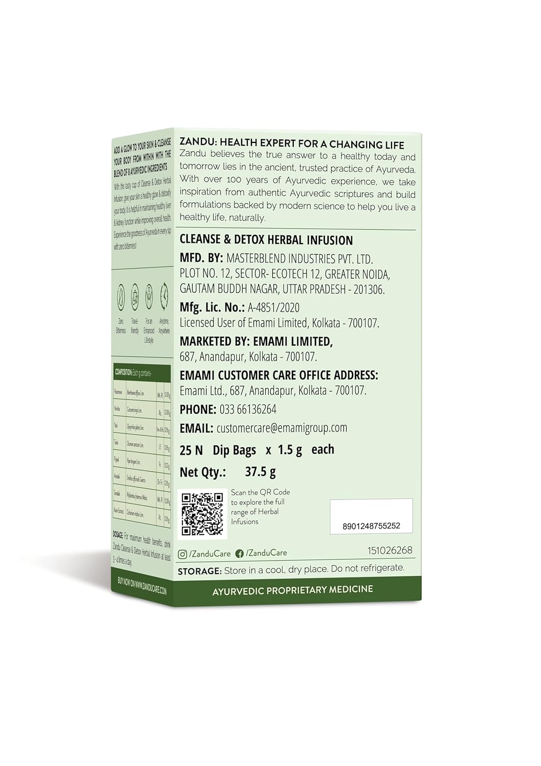 Zandu Cleanse & Detox Herbal Infusion Green Tea - 25 Tea Bags | Helps Improve Skin Glow & Detoxifies The Body - Enriched With 8 Powerful Herbs | Caffeine Free