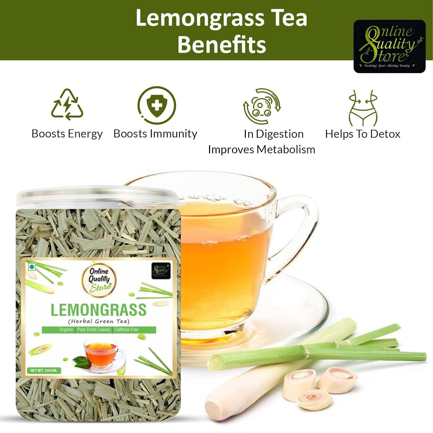 Online Quality Store Lemongrass Herbal Green Tea - 50gm, 1.7 Ounce | Reduces Anxiety, Improves Immunity - Organic Pure Dried Leaves | Caffeine Free