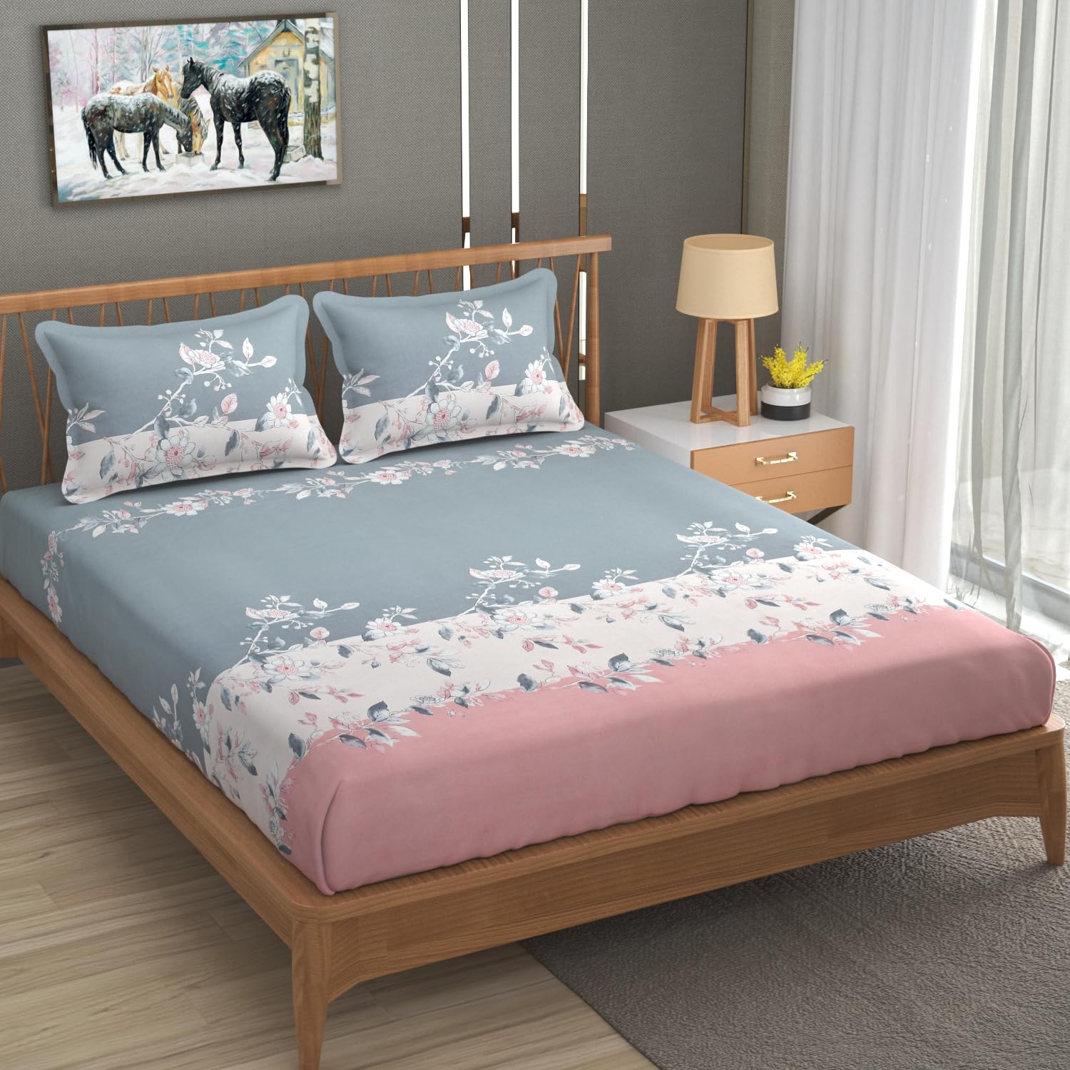 Double Bedsheet For Queen Size With Tow Pillow Cover - 72 X 72 Inches, Pink & Grey | All Around Elastic Fitted Breathable & Durable, Soft Touch & Perfect For All Seasons