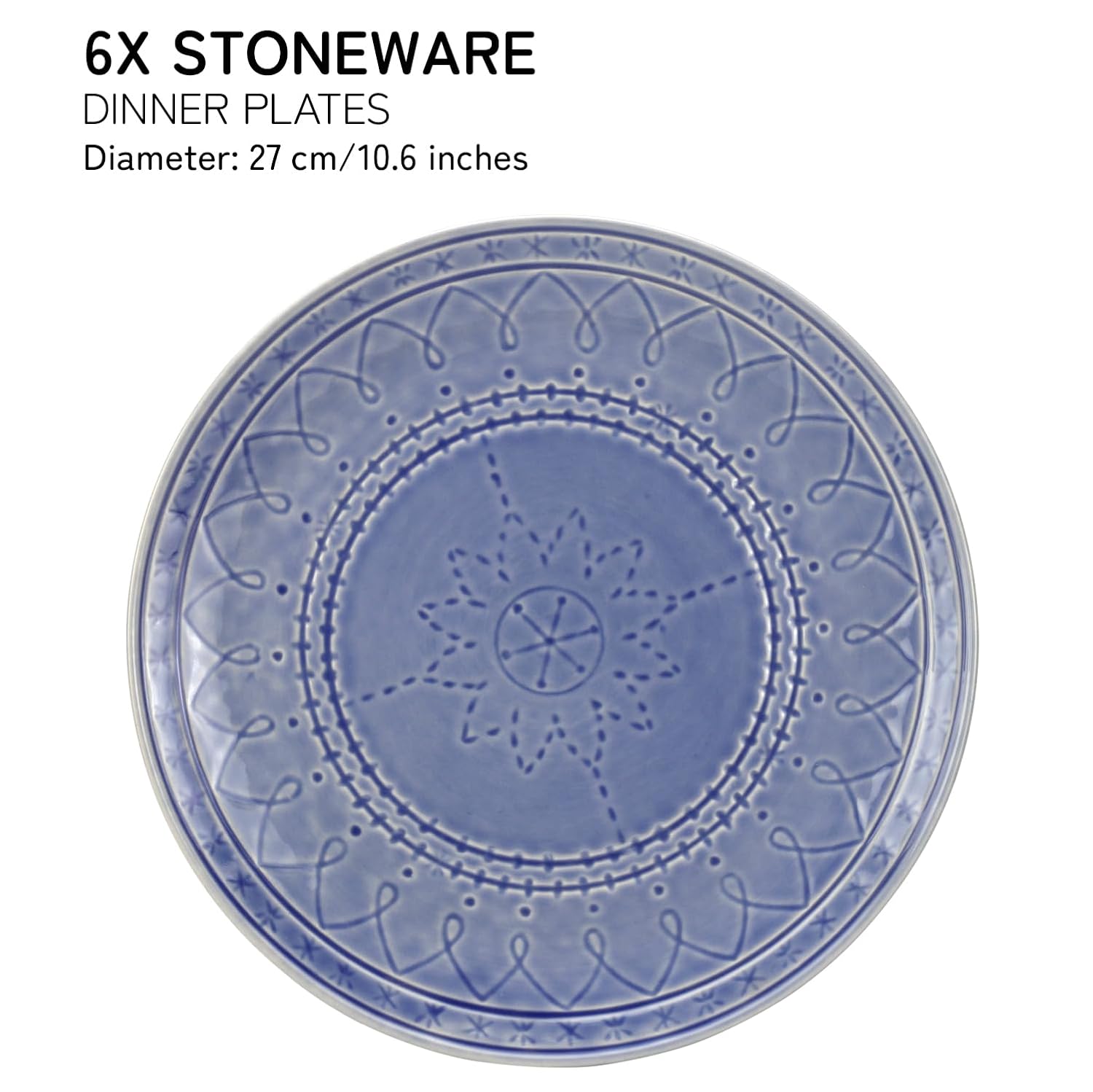 Ceramic Hand Glazed Large Embossed Dinner Plates Set Of 6 - 10.6 Inch, Mist Blue | Handcrafted Stoneware - Microwave Safe & Dishwasher Safe