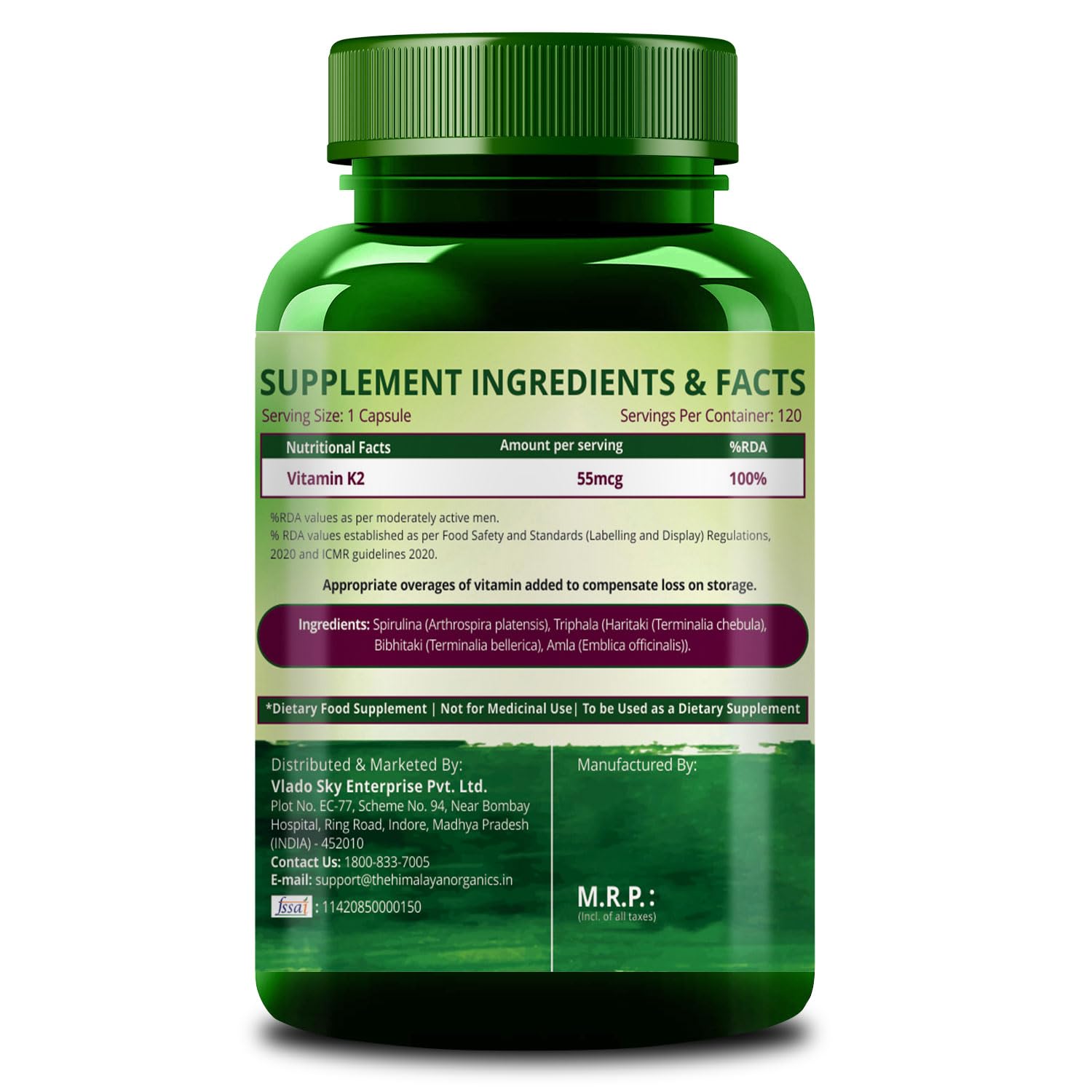 Himalayan Organics Plant - Based Vitamin K2 Supplement Supports Stronger Bone & Heart Health | 120 Veg Capsules , 200gm 0.4lbs