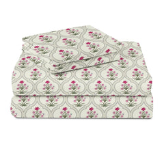100% Cotton Double Bed Bedsheet Set With 2 Matching Pillow Covers | 90 X 90 Inches, Pista & Pink- Ideal For Villas, Guest Houses, & Daily Home Use Double Bedsheet