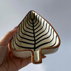 Leaf Shaped Hand Painted Ceramic Glossy Tray - Set Of 3, White, Black Lines | For Serving Cookies, Dry Fruits, Sweets & Snacks, Length – 16 Cm, 15 Cm & 12 Cm | Small Platter Set