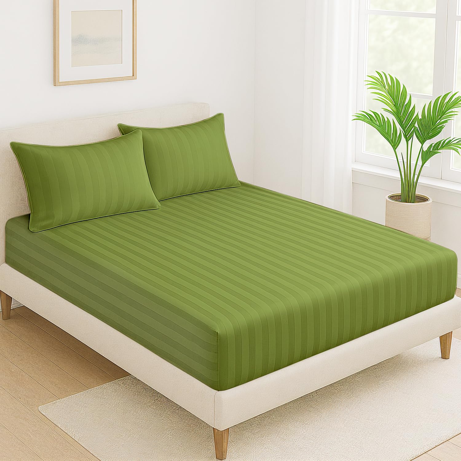 Elastic Fitted Bedsheet For Queen Size With 2 Pillow Covers | 60 X 78 Inches, Lime Green - Soft & Comfortable Ideal For Guest Room, Hotel