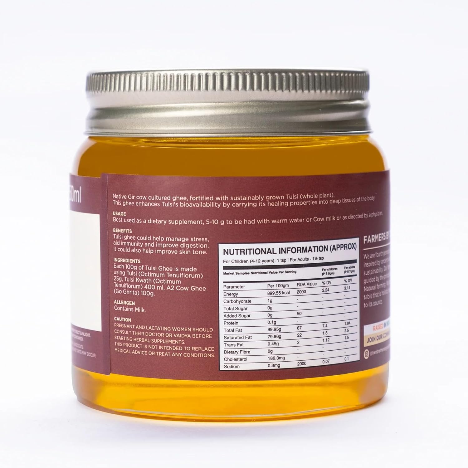 100% Pure A2 Gir Cow Tulsi Ghee By Two Brothers Organic Farms | Rich In Nutrients Healthy & Protein Fiber Desi Ghee Perfect For Desserts | (250ml) 8.4 Ounce | Jar Pack
