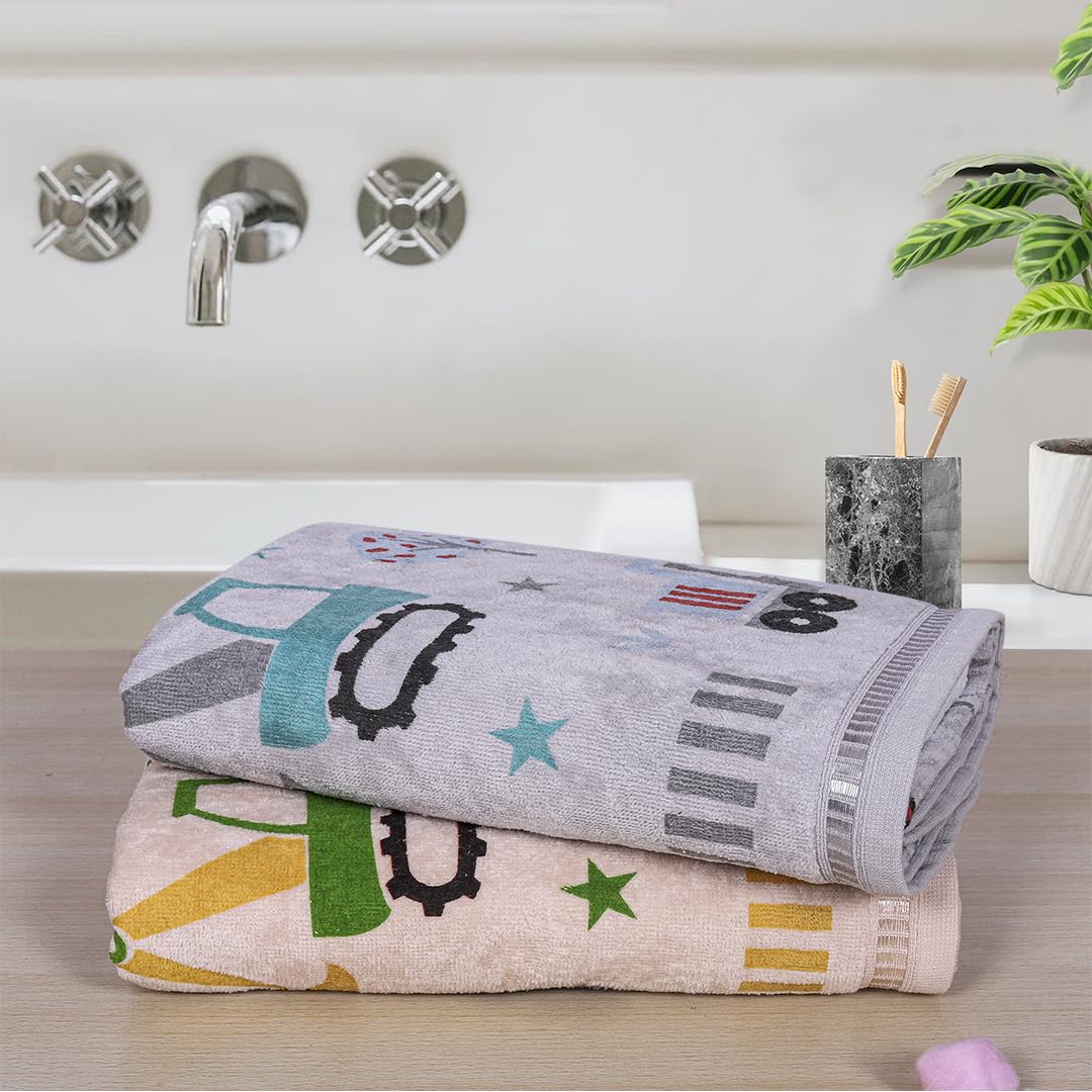 Rangoli 100% Cotton Kids Bath Towel 800 Gsm | Super Soft & Highly Absorbent, Anti-Bacterial & Anti-Odour, Multipurpose Towels (Light Grey & Light Beige) - Pack Of 2
