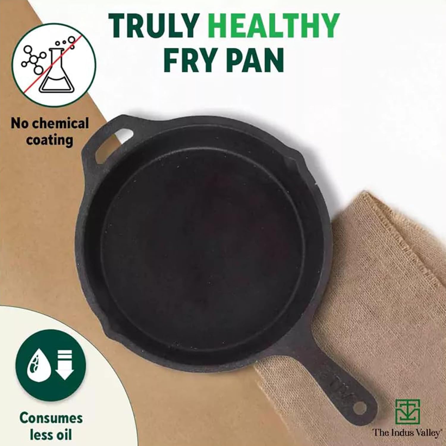 Pre-Seasoned Black Cast Iron Fry Pan Or Skillet With Silicone Grip - Medium 25cm, 10 Inch, 1.6 Ltr, 2.4 Kg | Induction Friendly, Nonstick Fry Pan, 100% Pure & Toxin Free, No Chemical Coating