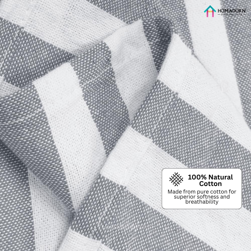 Homadorn 100% Cotton Striped Fouta Bath Towels 700 Gsm | Soft Quick Dry & Absorbent Hand-Knotted Tassels | Turkish Hamam Towel (Grey - White)- Pack Of 2