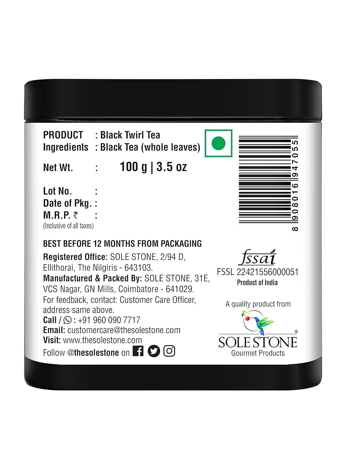 Sole Stone Winter Frost Black Twirl Tea - 100gm, 3.5 Ounce, 40 Cups | Enhances Relaxation & Wellness - Rich In Antioxidants, 0% Bitterness, Low Caffeine | 100% Natural Whole Leaf Tea