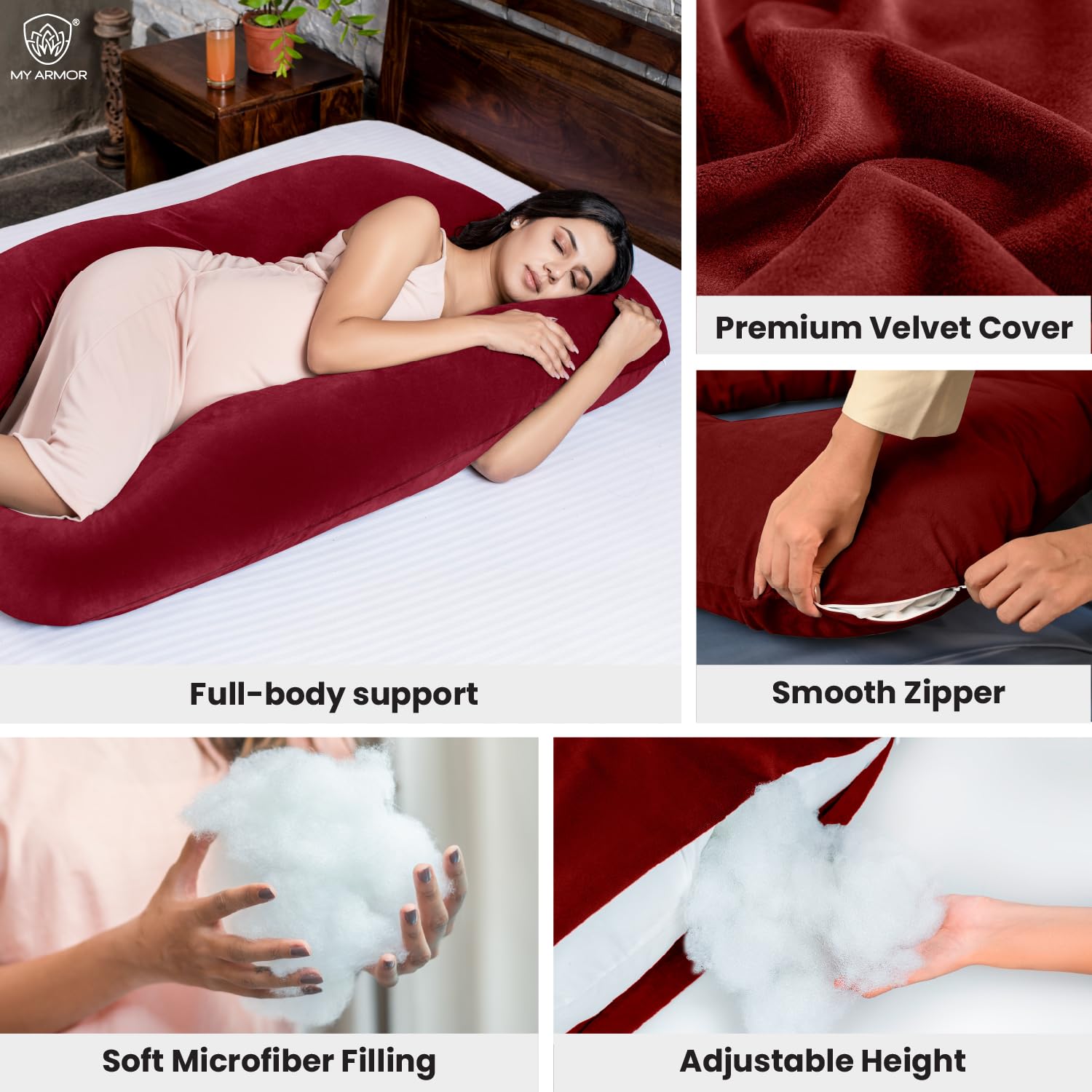 Full Body U Shape Pregnancy Pillow For Women, Maternity Pillow, Maroon Color | Pillow Gift For Pregnancy Sleeping, Premium Velvet Cover With Zip | Adjustable & Washable, Relieves Pain